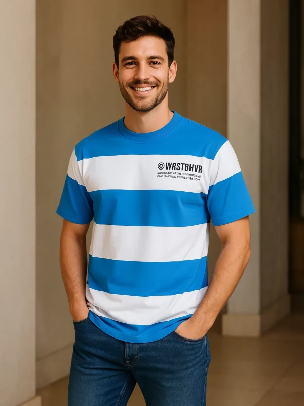 Sky Blue & White Striped Crew Neck