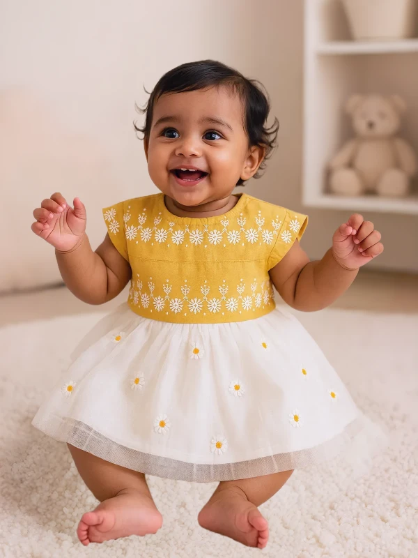 Mustard & White Dress – Embroidered Floral Design