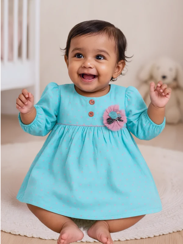 Aqua Blue Dress - Full Sleeves with Flower Appliqué