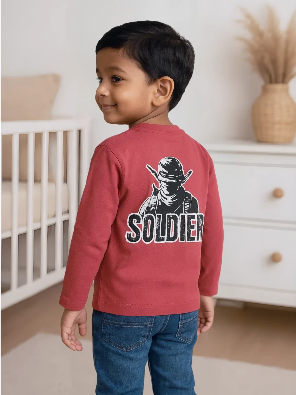 Bold Maroon "Soldier" Graphic Cotton Tee for Boys