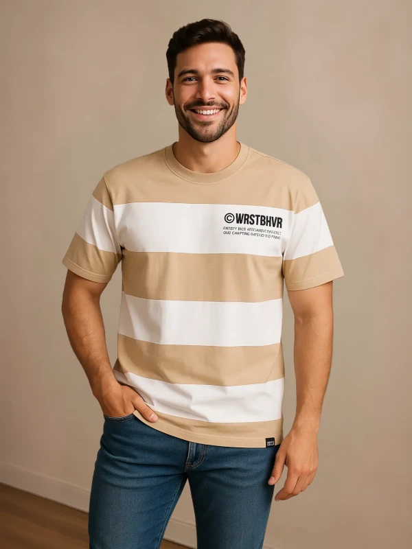 Beige & White Striped T-Shirt