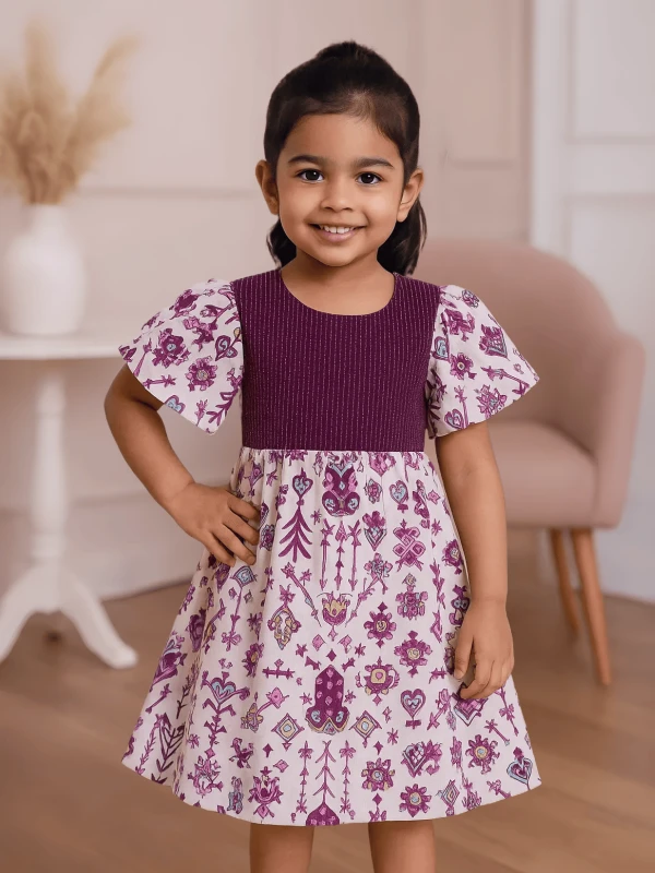 Maroon Bodice & Purple Printed Dress