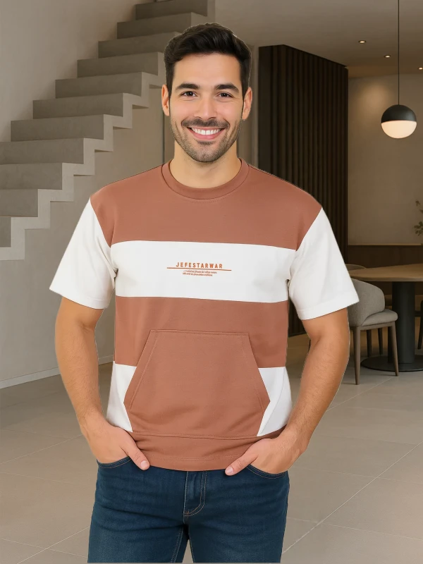 Streetwear Tee with Kangaroo Pouch - Brown & White