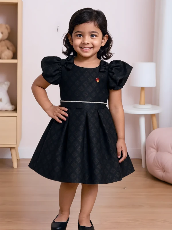 Premium Black Puff Sleeve Dress Fine Dobby Look & Flared Fit"