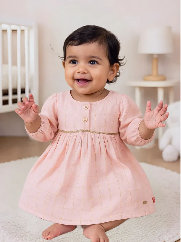 Soft Peach Luxe – Gold-Threaded Baby Girl Frock