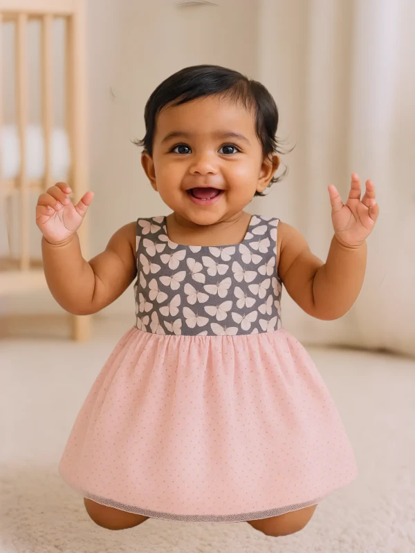 Pink & Grey Dress – Butterfly Print Bodice with Flared Skirt