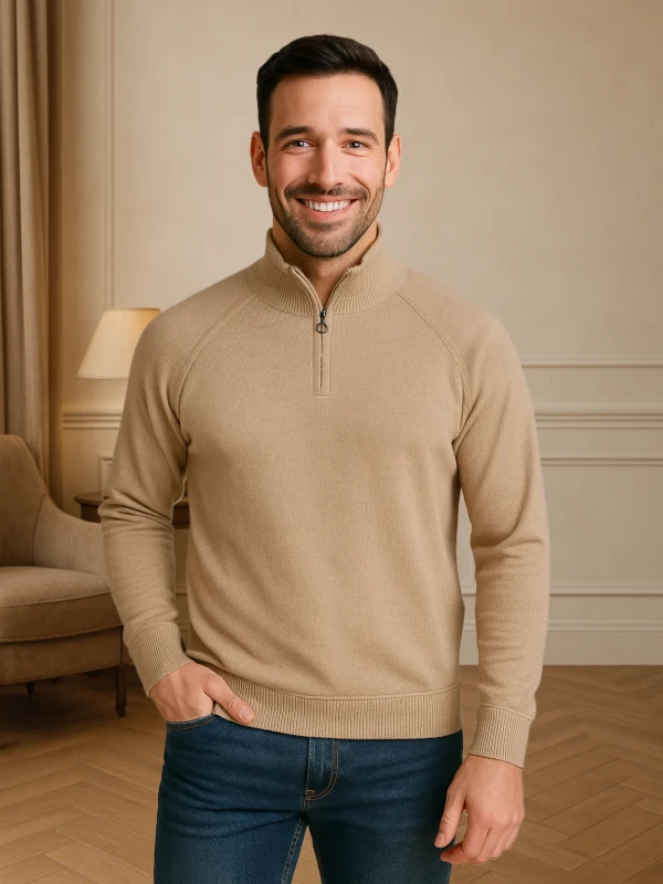 Premium Zip-Up Pullover – Beige