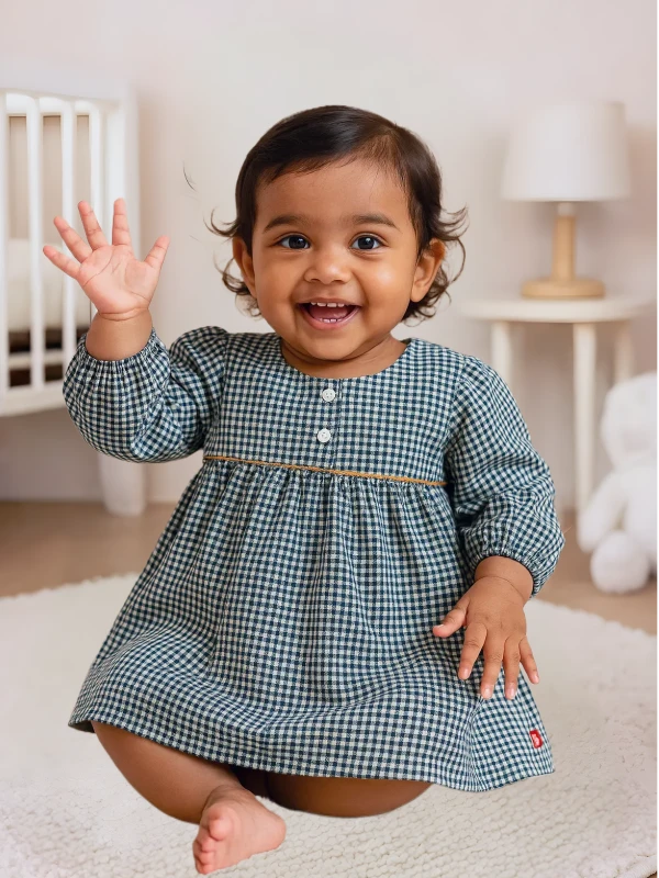 Green Gingham Dress  – Soft Cotton & Full Sleeves