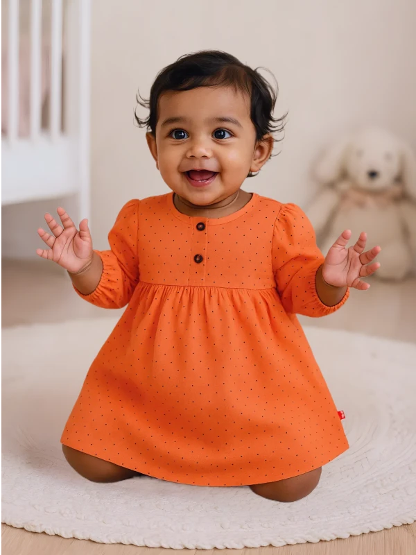 Orange Polka Dot Dress – Full Sleeves with Front Buttons