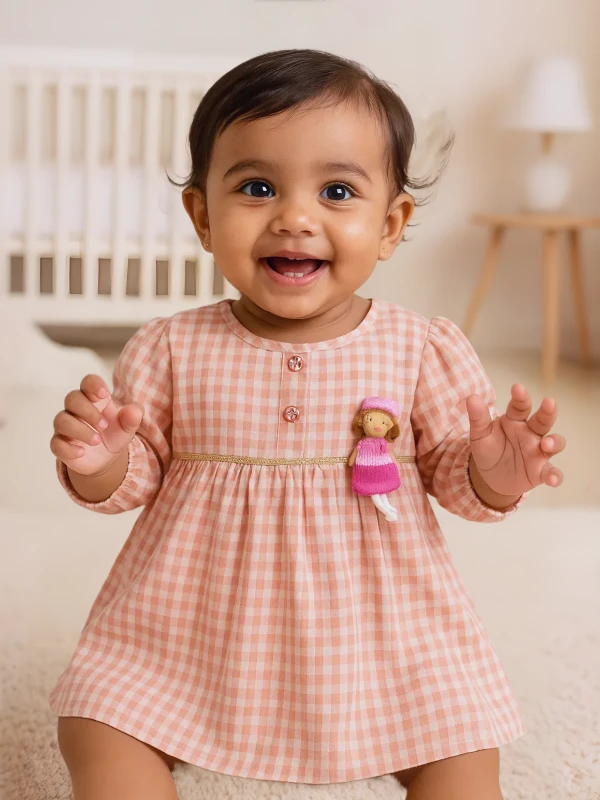 Peach Checked Dress – Full Sleeves with Cute Doll Appliqué