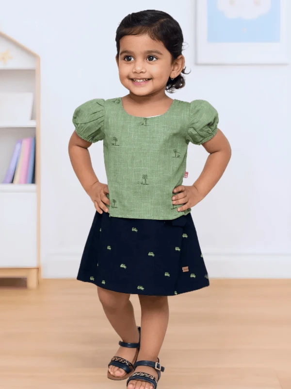 "Chic Green Puff Sleeve Top with Navy Printed Skirt