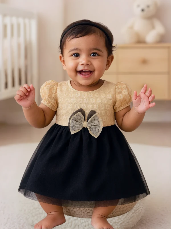 Gold & Black Party Dress – Net Flare with Bow Detail