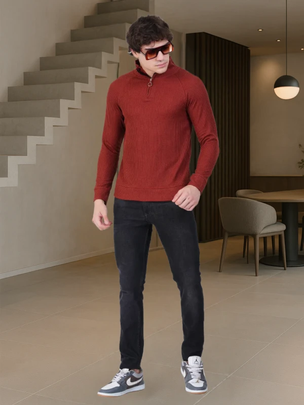 Rust Brown Half-Zip High Neck Sweater
