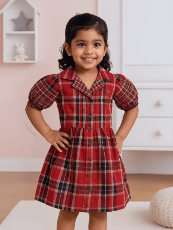 Stylish Red Checkered Shirt Dress for Girls