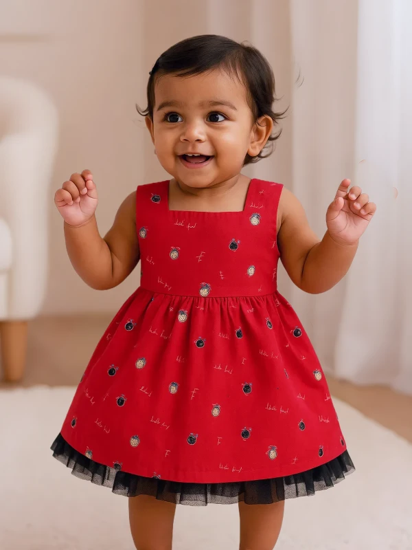 Red Sleeveless Dress – Printed Style with Black Net Frill