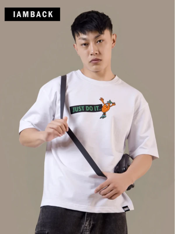 Oversized T-Shirt – "Just Do It" Cartoon Graphic Edition (White)