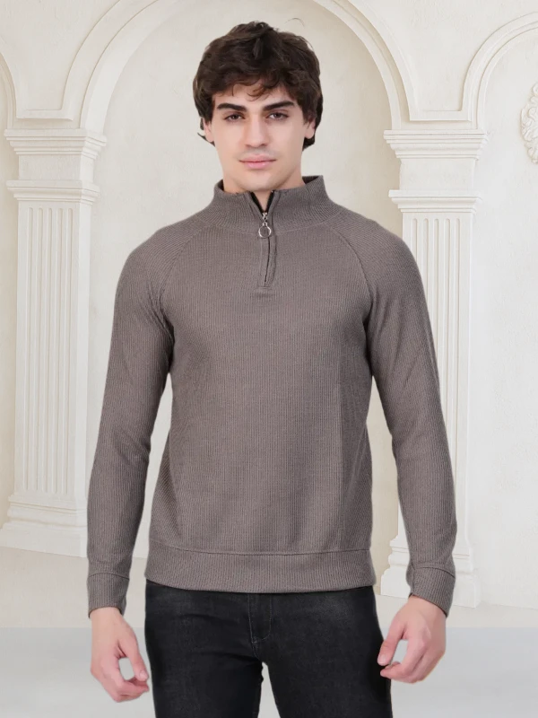 Premium Ribbed Zip-Up Pullover – Mocha Brown